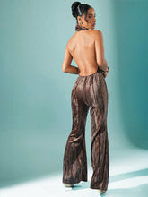 Velvet Cowl Draped Neck Open Back Halter Jumpsuit, Holiday Party Outfit